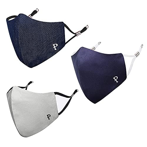MASQ By Q-One Alphabet-P 4 Layer, Reusable with Ear Adjusters, Anti-Bacterial (BFE>99%), Cotton Cloth Face Mask Combo for Unisex, Men, Women - Large (Navy-Grey-Denim, Without Valve, Pack of 3)