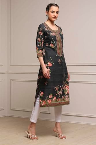 Biba Women Black Cotton Printed Straight Kurta_46 6