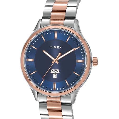 TIMEX Analog Watch for Couple with Blue Round Dial & Two Tone Stainless Steel Bracelet Band Water Resistant Pair's Wrist Watches - TW00ZP010 2