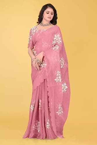Women's Elegant Saree with Floral Embroidery, Traditional Indian Ethnic Wear For women (pink) 4