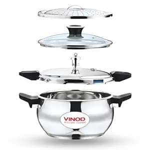 Vinod Magic Stainless Steel Smart 3 in 1 Pressure Cooker 3.5 Litre | 5mm Thick Base | All in One Cooker with Strainer & Glass Lid | Induction and Gas Base | ISI certified | 2 Years Warranty