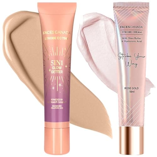 FACES CANADA Brightening Duo 1 - Strobe Cream - Rose Gold, 18ml + Strobe CC Tint Mini - Paradise Vibes 01, 18ml | Radiant Dewy Glass Skin Glow | Instant Illumination | Intense Hydration | For Fair To 