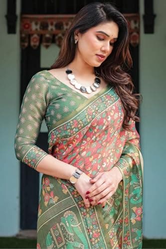 SGF11 Women's Cotton Linen Silk Saree With Unstitched Blouse Piece (Pink Green) 3