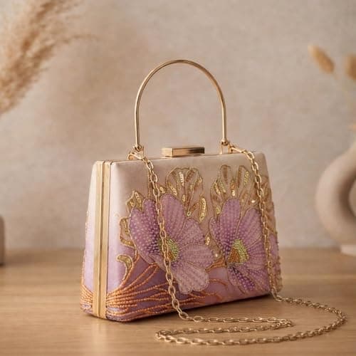 Artklim Printed Blush Pink Embroidery Bag for Women with Detachable Chain Strap | Designer Wedding Festive Evening Handbag 5