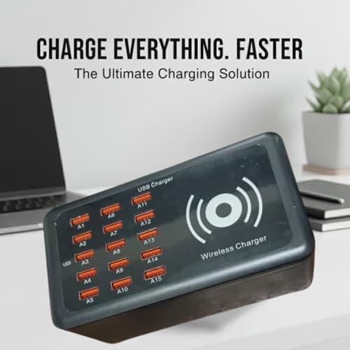 Drumstone (𝐋𝐢𝐦𝐢𝐭𝐞𝐝 𝐓𝐨𝐝𝐚𝐲) Multi-Port USB Charging Hub with Wireless Charging, 15 Ports 100W 5V/2.4A per Port, Safe Fast Charging for Phones & Tablets𝟏𝟓 𝐘𝐞𝐚𝐫𝐬 𝐖𝐚𝐫𝐫𝐚𝐧𝐭𝐲 2