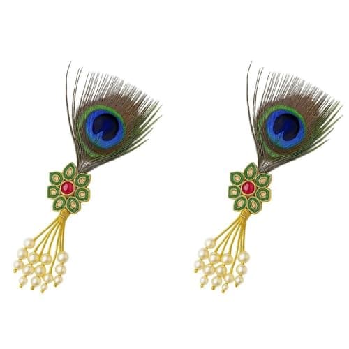 Men’s Peacock Feather Brooch Set of 2 with Pearl Tassel | Premium Designer Lapel Pin for Sherwani, Suit & Blazer | Wedding Groom Ethnic Accessories Combo
