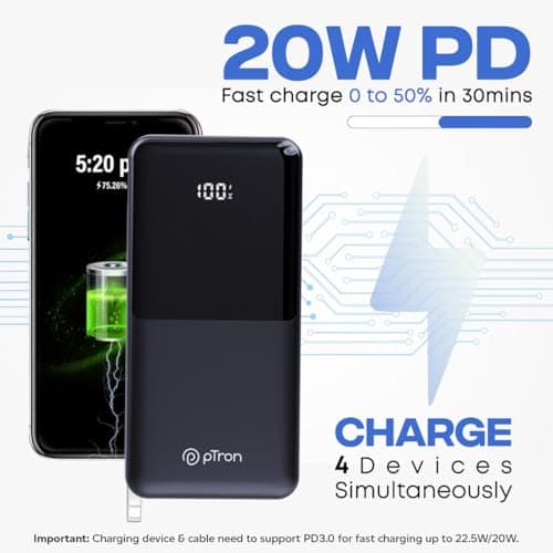 pTron Dynamo Power 20000mAh 22.5W Super Fast Charging, USB Type-C Input Power Bank with Quick Charge & 20W Power Delivery, Built-in Charging Cables, 4 Outputs, Type-C Input/Output Port (Black) 4