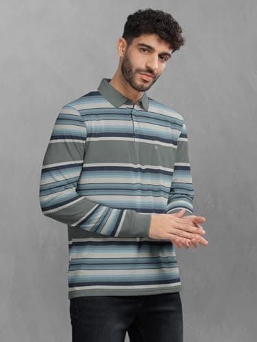 BULLMER Striped Textured Printed Polo Neck Fullsleeve T-Shirt with Rib for Men_Sky Blue_Large 4