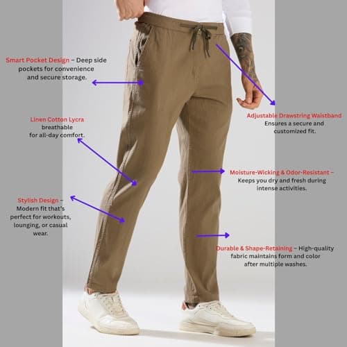 TRUE COLORS OF INDIA TCI Men's Travel Pants Casual Pant – Linen Cotton Lycra Joggers/Trousers with Elastic Waistband & Drawstring, Button & Zip Closure, 4 Pockets, Lightweight Bottomwear Green 3