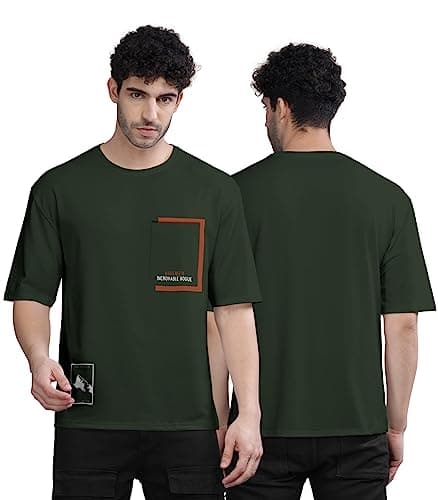 BULLMER Trendy Front Printed Oversized Round Neck T-Shirt for Men - Olive/Large