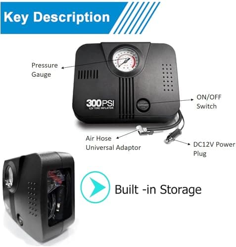 12v/300psi 2115 Tyre Inflator Heavy Duty Air Pump with Pressure Gauge Multiple Nozzle & Adaptor Universal for Car/Van/Truck/Bus/SUV 3