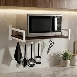 58719 Wall Mount Microwave Oven Stand with Pot Rack, 5 Hooks & Storage Container | Heavy-Duty Shelf for Microwave, OTG, Air Fryer, Grinder & Kitchen Organization - White