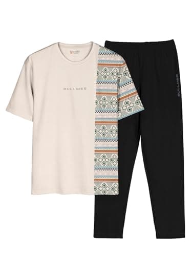 BULLMER Men Cotton Blend printed Trendy Clothing Set With Oversized T-Shirt & Pants Co-Ords / Beige2:Black/Small