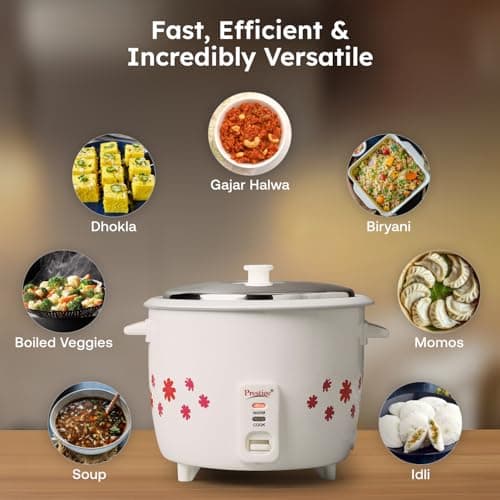 Prestige PRWO 1.8-2 Electric Rice Cooker| 2 Aluminium Cooking Pans | Stainless Steel Lid | Grey/White | Cool Touch Handles | Detachable Power Cord | 700- Watt|1.8 Litres 5