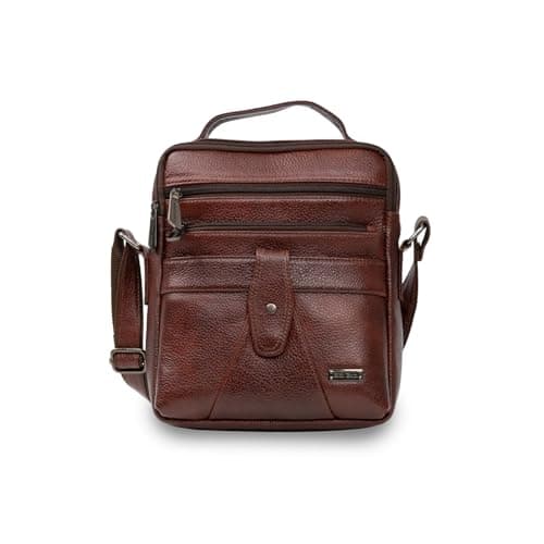 Rich Born Front Ribbon Flap Genuine Leather Men’s Sling Bag | Multi-Pocket Crossbody Messenger with Top Handle, Front Zip Pocket, Adjustable Strap | Compact Travel & Office Everyday Carry|Brown