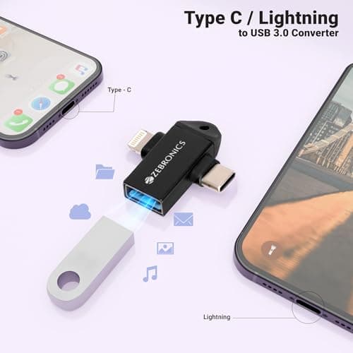 ZEBRONICS OTG2, 2 in 1 Lightning | Type C - USB OTG Converter, USB 3.0, Backward Compatible, Speeds Upto 5Gbps, Compatible with iPhone, iPad, Android, Laptop 2
