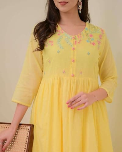 JEENAX_INDIA CREATION'S Women's Cotton Embroidered Anarkali Kurti with Pant and Dupatta Set (Yellow-L) 3