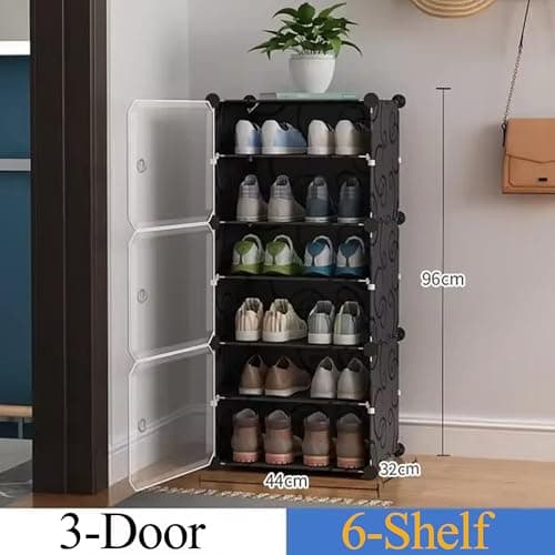 AYSIS 𝟔 𝐓𝐢𝐞𝐫 Shoe Rack for Home with Transparent Doors, Modular Dustproof Shoe Storage Cabinet, Foldable Plastic Space Saving Shoe Stand Organizer for Entryway, Bedroom & Living Room - Black 2