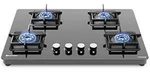 Sunshine Magnite Gas Stove | 4 Burner Glass Hob Top Cooktop | Warranty By Sunshine - 5 Year On Glass & Burner | ISI Certified | Manual Ignition, SABAF, LPG Ready & PNG Compatible (Premium - Black)