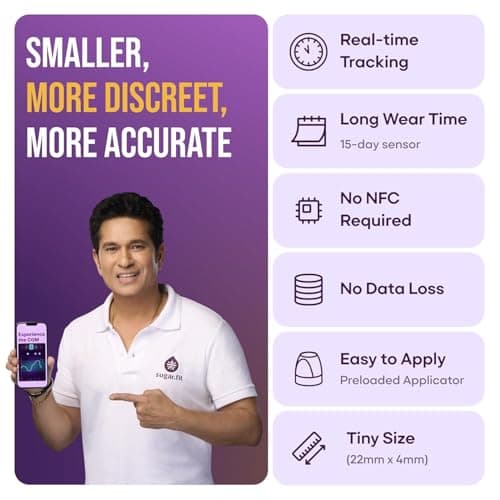 Sugar.fit Smart Glucose Monitoring, Real-Time Blood Sugar Level Tracking, Bluetooth-Enabled, Last upto 15 days, Coach Consultation Included (Pack of 1) 4