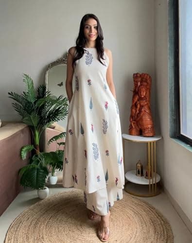 Klosia Women Pure Cotton Kurta Palazzo Set | Sleeveless Printed Kurta with Palazzo Pants | Summer Friendly, Office Wear Co-Ord Set White 5