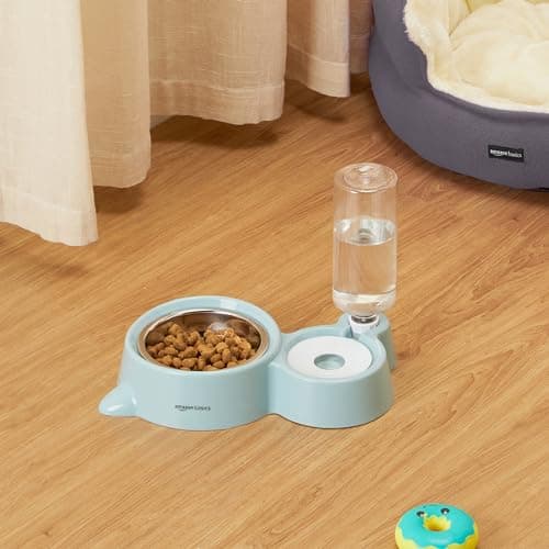 amazon basics 2 In1 Pet Feeder Food and Water Dispenser|Stainless Steel Bowl|Suitable for Cats and Dogs,32 cm,H_22 cm,W_16.5 cm with Amazon Basics Cat Litter Box Tray with Free Scooper|Green 4