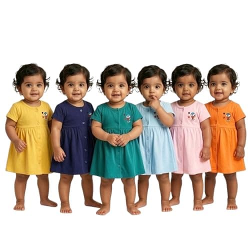 KIDEEZGUILD... 100% Pure Cotton Baby Girls Frock Dress Front Open Soft Breathable Half Sleeve Knee Length Daily Casual Wear Solid Color Summer Girl's Dress (in, Age, 3 Months, 6 Months, Set of 6 A)