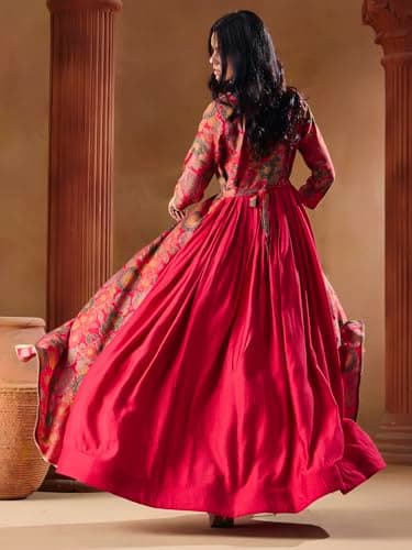madhuram textiles Women's Vatican Print Ethnic Dress with Jacket Style Gown(M-2550 Pink_Large) 2