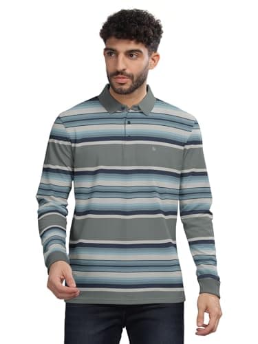 BULLMER Striped Textured Printed Polo Neck Fullsleeve T-Shirt with Rib for Men_Sky Blue_Large
