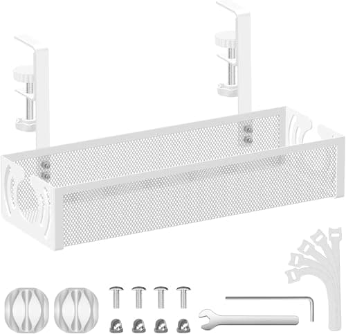 Under Desk Cable Management Organizer, Adjustable Screw-Fixed Rack, Power Cord and Network Cable Holder (White)