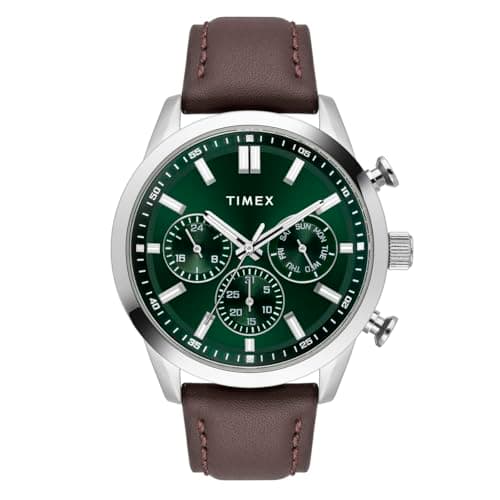 TIMEX Analog Watch for Man with Green Round Dial & Brown Leather Strap Band Water Resistant Men's Wrist Watches - TWEG17614