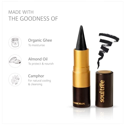 SoulTree Ayurvedic Kajal | Pure Black 011 | Black Shade | Enriched with 100% Organic Ghee, Almond Oil & Camphor | Soothe, Cool & Nourish Eyes | Soothes, Cools, and Nourishes Eyes with Gentle Care 3gm 3
