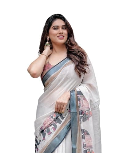 Kaugalian store Linen Cotton Elephant Printed White & Cream Saree For Women With Unstitched Blouse Piece