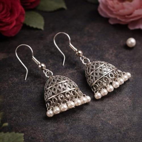 ACCESSHER Women's & Girls Traditional Oxidised Afghan Silver-Plated Jhumka Earrings Lightweight Small Size Jhumki Pearl Drops Earrings Boho Style Jewellery For Wedding 5