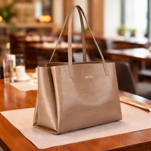 LEEZEL Women's Structured Tote Bag – Large Capacity Work & Travel Purse Croco Pattern Vegan Leather Stylish Tote Bag Classic Everyday Shoulder Bag (BEIGE)