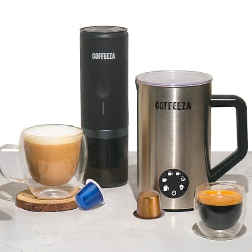 COFFEEZA Finero Mini Espresso Machine & Frothimo Pro Milk Frother Combo – Portable Coffee Maker with 6-in-1 Frother for Hot & Cold Foam, Perfect for Travel, Home, Camping, and Office Use