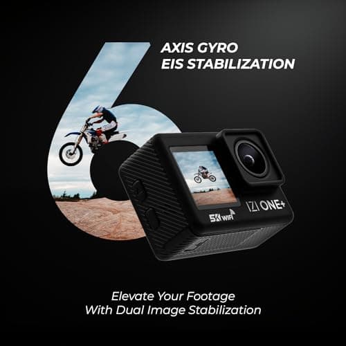 IZI ONE Plus 5K 48MP Action Camera - 6-Axis Gyro Stabilization, 110ft Waterproof, Vlogging, 170° FOV, WiFi, Dual Screen Video Camera, 2X 1350mAh Batteries, Fast C-Type Charge HQ External Mic. 4