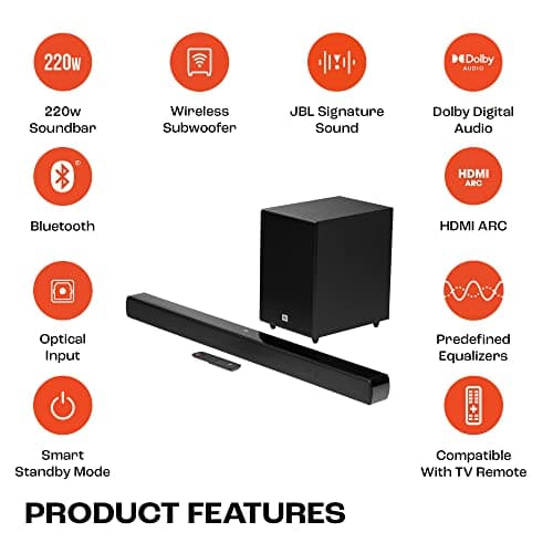 JBL Cinema SB271, Dolby Digital Soundbar with Wireless Subwoofer for Extra Deep Bass, 2.1 Channel Home Theatre with Remote, HDMI ARC, Bluetooth & Optical Connectivity (220W) 2