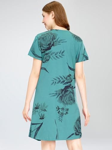 ZEYO Women's Cotton Sea Green Night Dress Floral Printed Maternity & Feeding Short Nighty Night Gown 5808 5