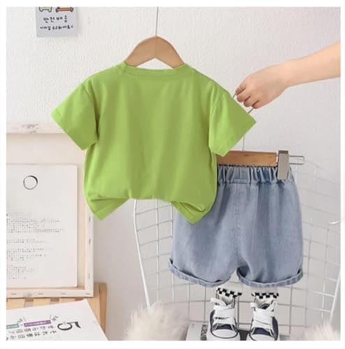 Indhrani Garments Kids Clothes for Boys | Cotton Printed T-shirt and Denim Shorts| Boys Cord Set, Green 3-6 month 2