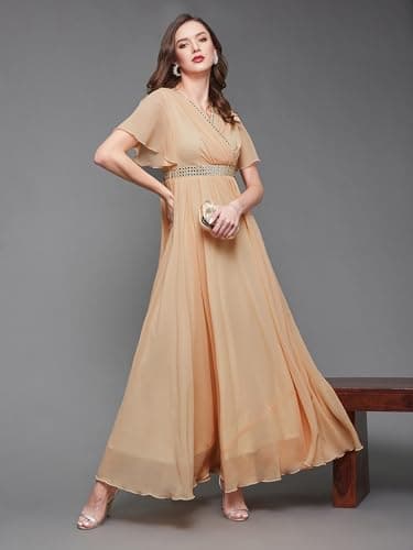 Miss Chase Women's V-Neck Flared/Bell Sleeves Fit & Flare Maxi Dress,(MCSS23D06-61-101-04, Peach, M) 2