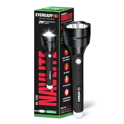 Eveready Navlite DL140, Rechargeable 2W Led Torch + 1W Emergency Tail Light, Metallic Finish, Type B/Micro USB Charging, Overcharge Protection, Powered By BIS Certified Li-Ion Battery