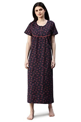 KRYPTIC Womens Navy Printed Pure Cotton Maxi Nightdress(Navy-M)