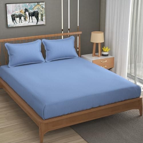 Homefab India 160 TC Stripe Glace Cotton Double BedSheet with 2 Pillow Covers - (90x90 inches) - Sky Blue 2