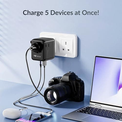 Gotrippin by Destinio Universal Travel Adapter - (25W) 5-in-1 Fast Charging Multi Plug Adapter, 2 Type C; 1 USB A; 1 USA Socket; International All in One Charger Adaptor 5