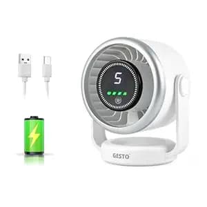 Gesto High Speed Turbo Table Fan – 5 Speed Rechargeable Desk Fan with 3600mAh Battery, Upto 10 Hrs. Runtime, USB Type-C Portable Fan, 180° Adjustable Quiet Desktop Fan for Office, Home, Kitchen,Travel
