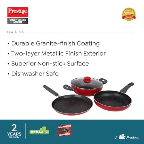 Prestige Omega Granite Non-Stick 3 Pc Cookware Set with Glass Lid | 5-Layer Coating | Gas & Induction Compatible | Omni Tawa 25cm | Fry Pan 24cm | Kadai 24cm | Crimson Red |2Y Warranty |ISI Certified 3