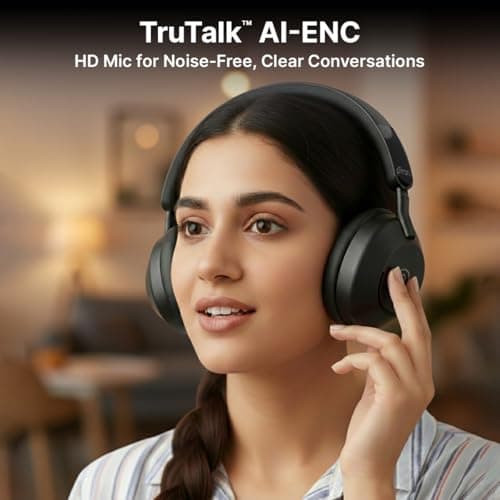 pTron Studio Ultima w/ 60Hrs Playtime, 40mm Drivers, Custom EQ, Mobile App, Wireless Over Ear Headphones w/HD Mic & TruTalk AI-ENC Calls, BTv5.4, Dual Device Pairing & Type-C Charging (Jet Black) 4