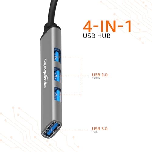 Amazon Basics 4-in-1 Hub Multiport Adapter, USB Hub with Aluminium Shell, 1 x USB 3.0 & 3 x USB 2.0 for PC, MacBook, Mac mini, iMac, Tablet, and Mobile Phones 2