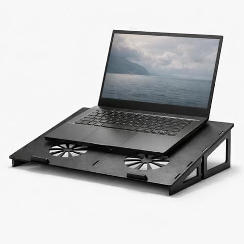 NoWorries Laptop Wooden Stand | Portable Ergonomic Laptop Riser | Ventilated Cooling Stand, Tool-Free Assembly | MDF Wood Tablet Desk Holder (Black Pine Wood)